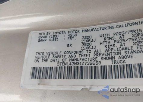 2001 Toyota Tacoma z USA, uszkodzony, nr VIN 5TENL42N31Z739653